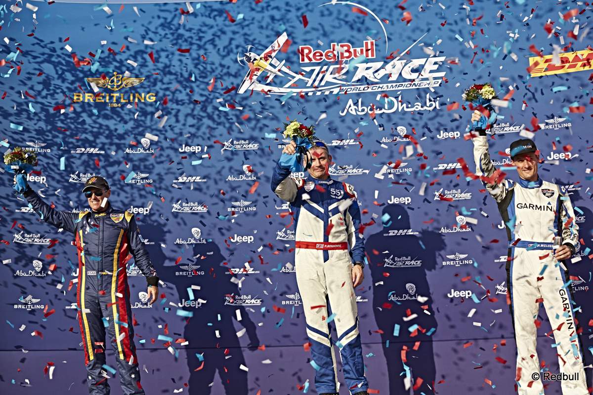 Matt Hall of Australia (L), Paul Bonhomme of Great Britain (C) and Pete McLeod of Canada (R) celebrateduring the Flower Ceremony of the first stage of the Red Bull Air Race World Championship in Abu Dhabi, United Arab Emirates on February 14, 2015. // Balasz Gardi/Red Bull Content Pool