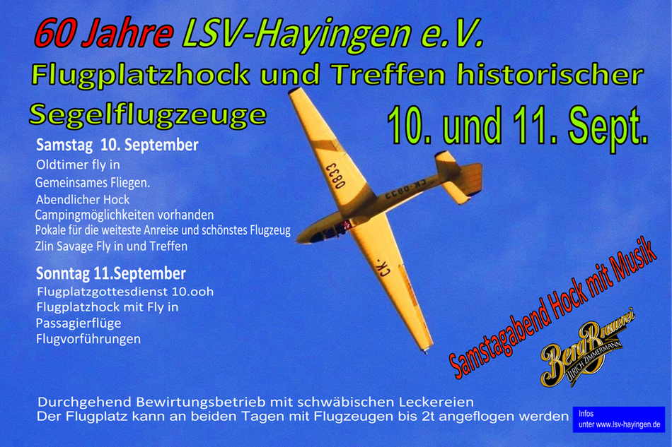 60 Jahre Feier LSV-Hayingen e.V. Holzflieger und Savagetreffen mit Flugplatzhock 2016 10. und 11. September 2016