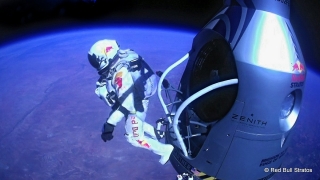 Pilot Felix Baumgartner of Austria jumps out of the capsule during the final manned flight for Red Bull Stratos in Roswell, New Mexico, USA on October 14, 2012.Â 