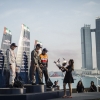 Daniel Ryfa of Sweden (L), Francois Le Vot of France (C) and Juan Velarde of Spain (R) celebrate during the Challengers Cup award ceremony for the first stage of the Red Bull Air Race World Championship in Abu Dhabi, United Arab Emirates on February 28, 2014.