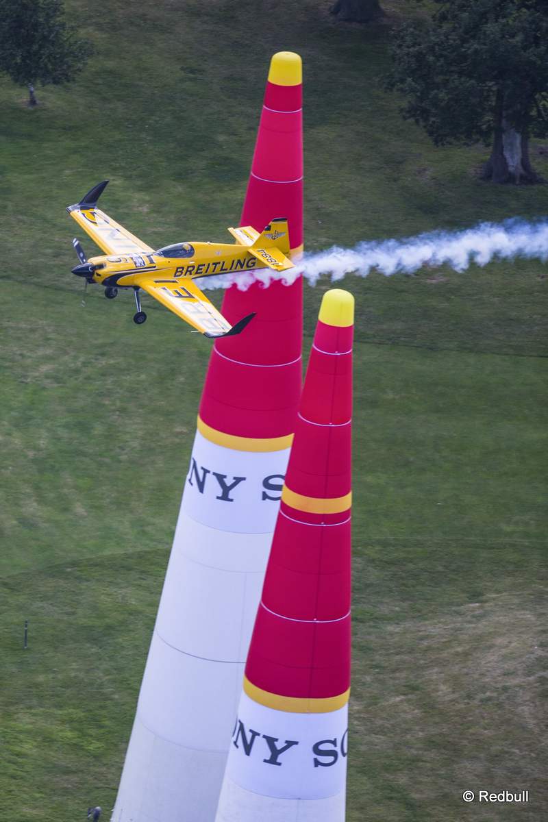 Nigel Lamb of Great Britain performs during the training for the fifth stage of the Red Bull Air Race World Championship in Ascot, Great Britain on August 15, 2014.