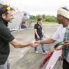 Nicolas Ivanoff of France learning how to fly a traditional Malaysian kite called the Wau at the race airport during the Red Bull Air Race Putrajaya 2014 in Putrajaya, Malaysia on May 14th 2014.