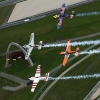 Hannes Arch of Austria flies in formation with Paul Bonhomme of Great Britain, Peter Besenyei of Hungary and Nicolas Ivanoff of France during a Recon flight prior to the eight stage of the Red Bull Air Race World Championship over the Red Bull Ring in Spielberg, Austria on October 22, 2014.