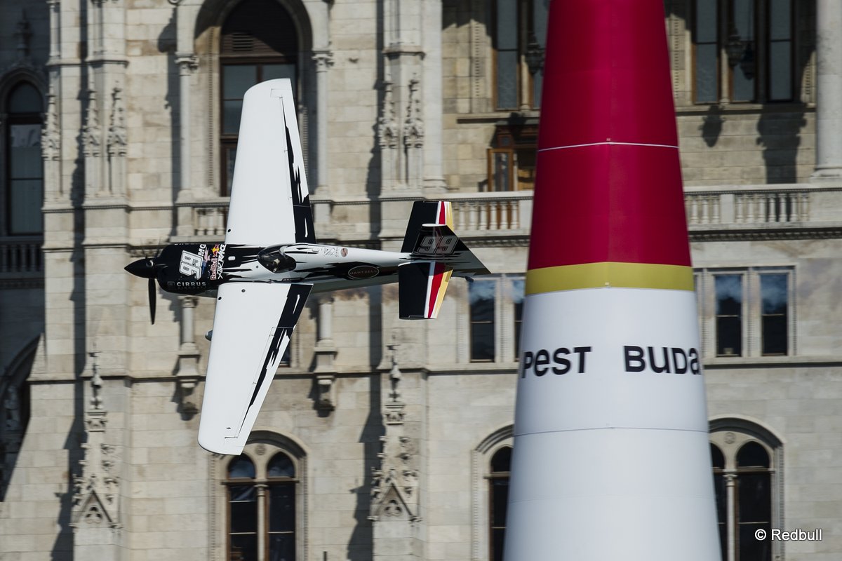 Michael Goulian of the United States performs during the finals of the fourth stage of the Red Bull Air Race World Championship in Budapest, Hungary on July 5, 2015.