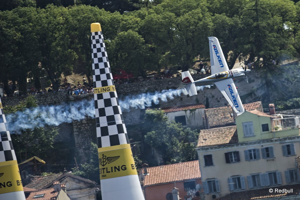 Yoshihide Muroya of Japan performs during the finals of the third stage of the Red Bull Air Race World Championship in Rovinj, Croatia on May 31, 2015.