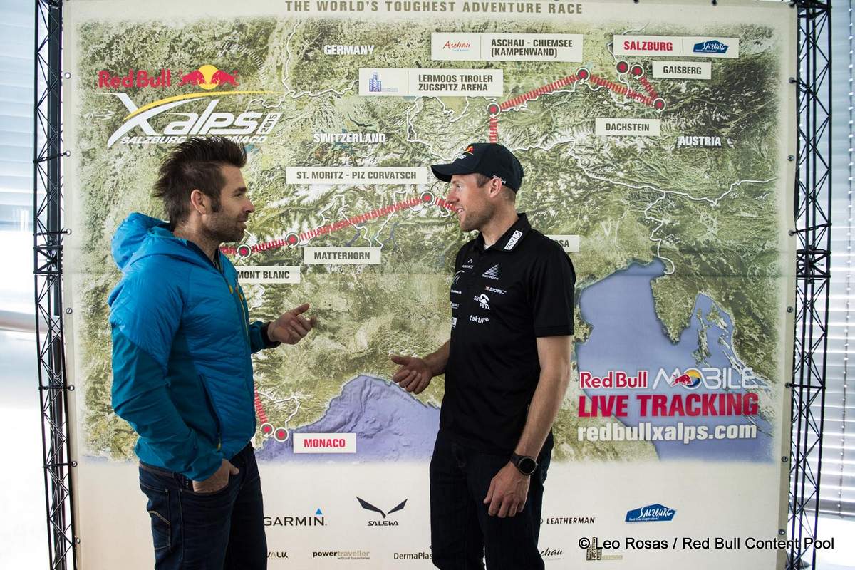 Christian Maurer (SUI1) and Hannes Arch speak during the Red Bull X-Alps Route Launch in Salzburg, Austria on March 19th, 2015