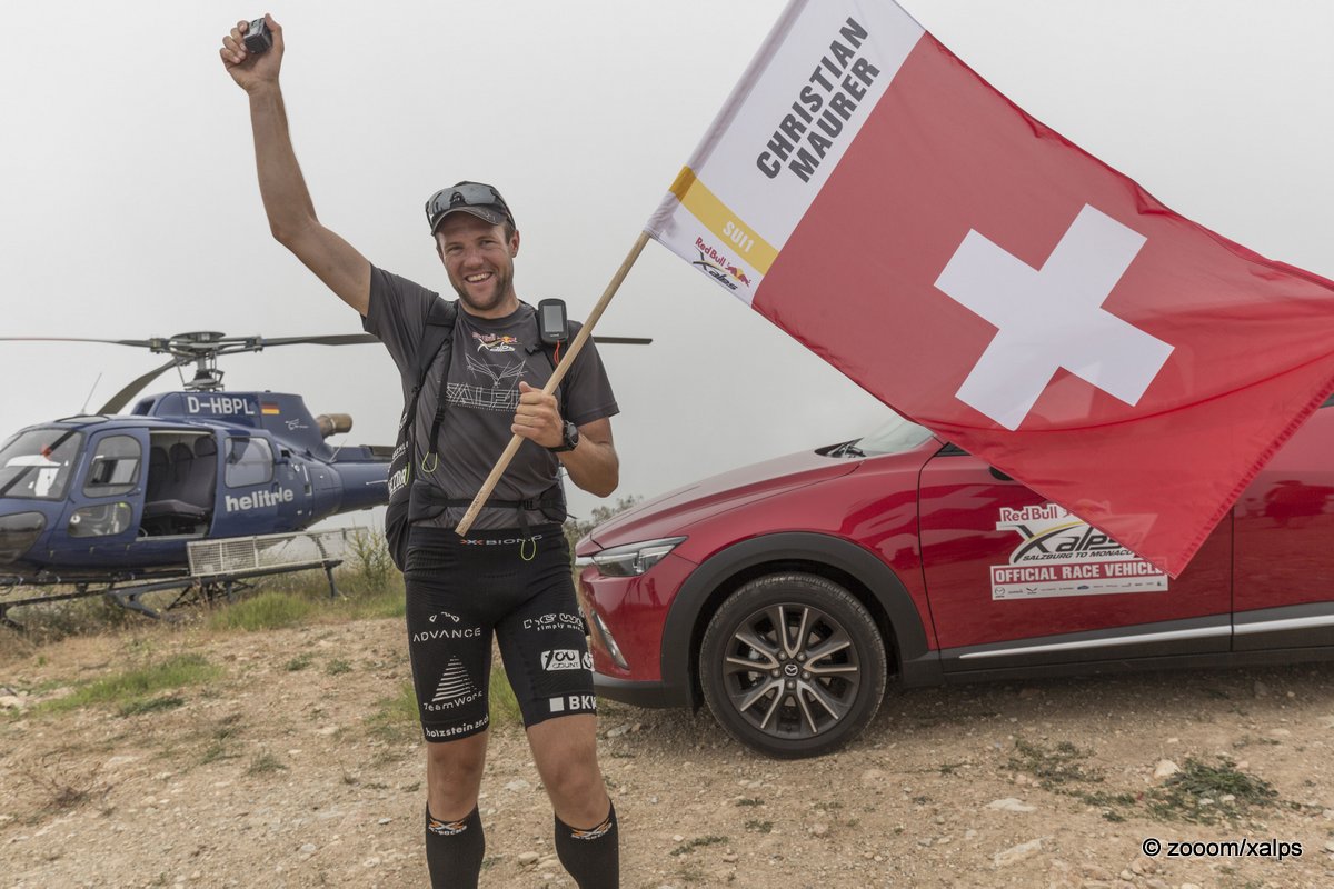 Christian Maurer (SUI1) at the finish line during the Red Bull X-Alps Peille, France on July 13th 2015